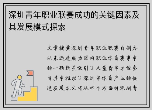 深圳青年职业联赛成功的关键因素及其发展模式探索 深圳青年职业联赛成功的关键因素及其发展模式探索